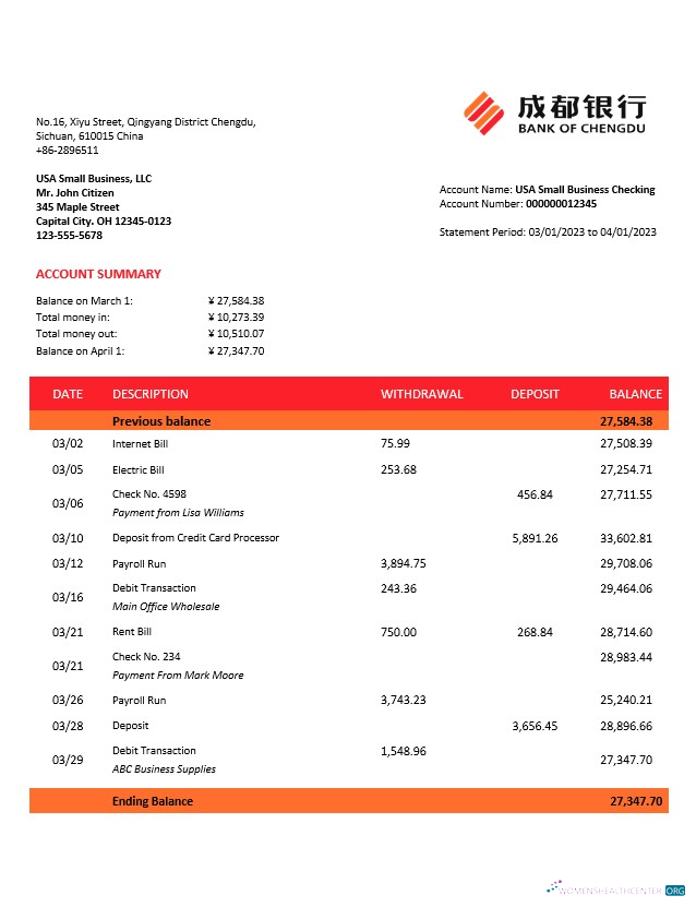 Download Bank of Chengdu business statement Word and PDF template Photoshop template